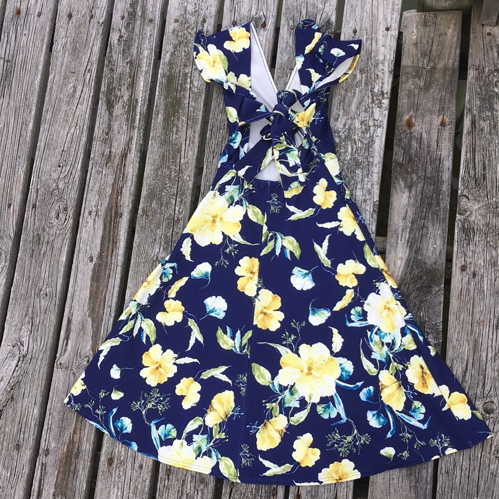 Backless Blue yellow floral print ruffle midi